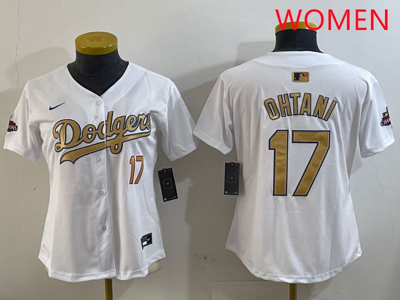 Women Los Angeles Dodgers 17 Ohtani White Champion gold character 2025 Nike MLB Jersey style 5